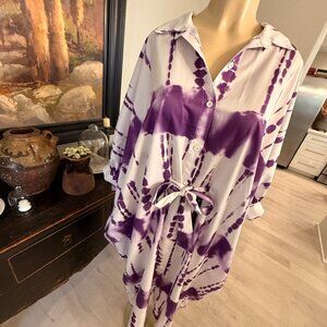 Tie Dye Style Purple & White Long Sleeved Oversized Dress w/Waist Tie
